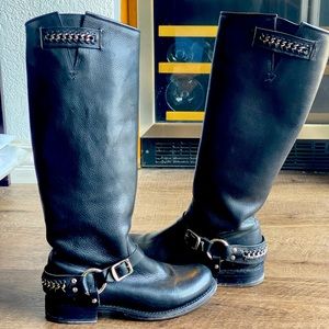 Frye Silver Harness Moto/Riding Knee High Black Leather Boots Size US 8